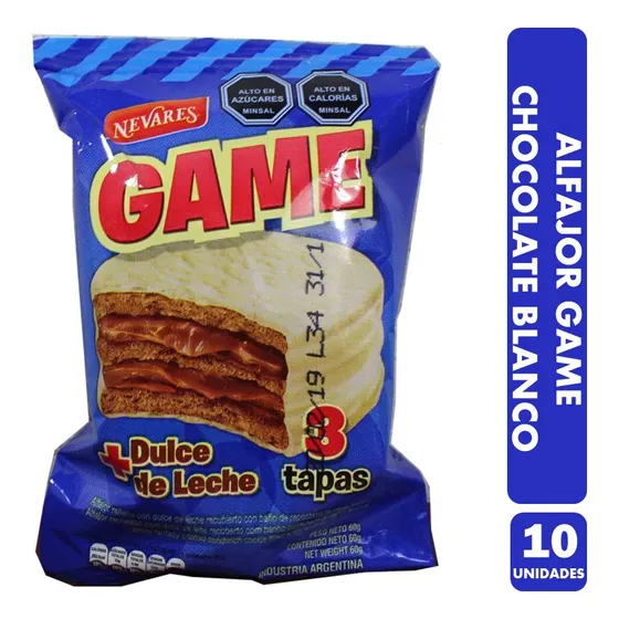 Alfajor Game, Bañado Chocolate Blanco - Pack De 10 Unidades