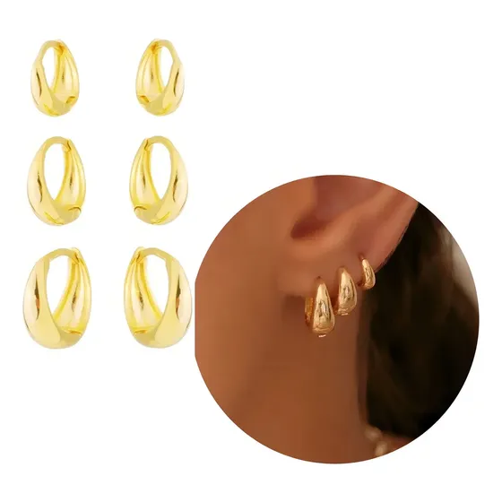 3 Pares Brinco Trio De Argola Gota Clicker Ouro 18k Banhada