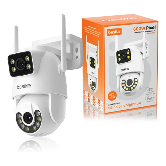 Basike Câmera de Segurança 4K para Telhado Externo, Rastreamento de Pessoas, 8x Zoom, Controle Wi-Fi, Lente Dupla Visão Noturna, Rotação 355°/90°, Áudio Bidirecional, Armazenamento em Nuvem/TF