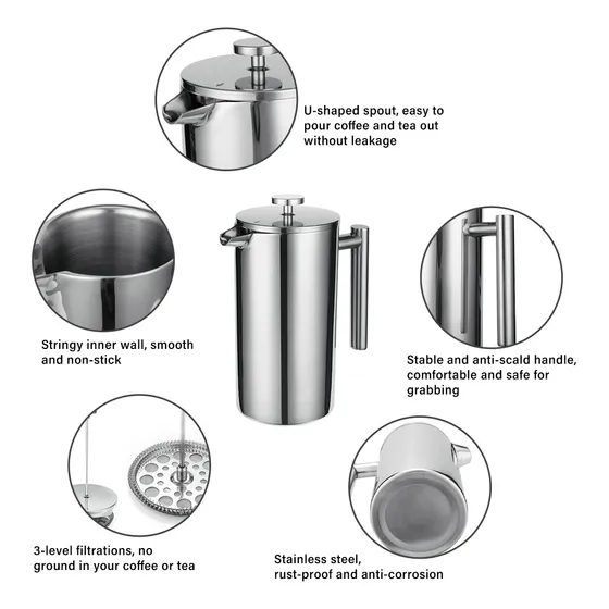 1 Cafetera Térmica De Acero Inoxidable 304 French Press Para