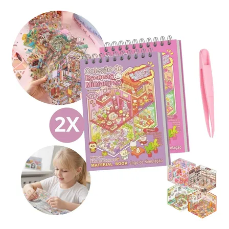Kit 2 Caderno Adesivo 20 Cenários 2000 Adesivos 3d + Pinça