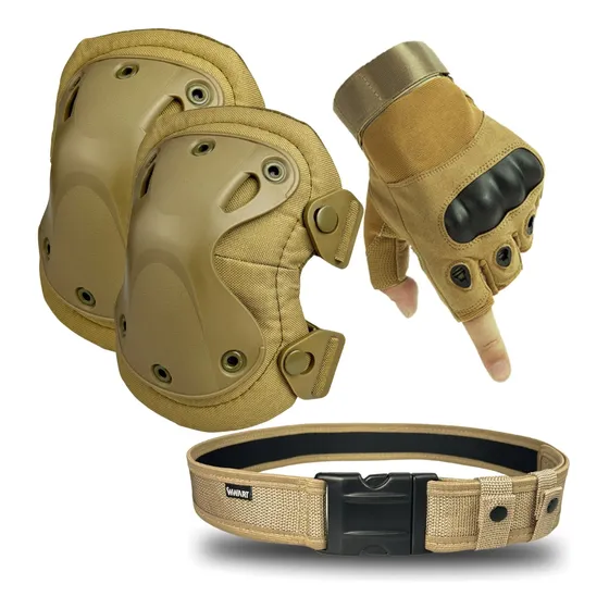 Kit Proteção Airsoft Joelheira Tática Luva Meio Dedo Cinto 