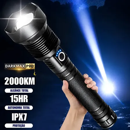Lanterna LED P90 Recarregável para Camping e Vigilância com Zoom e 100.000 Lumens 2KM de Alcance 15 Horas de Autonomia Profissional 5 Modos de Luz IPX7 Super Resistente Premium