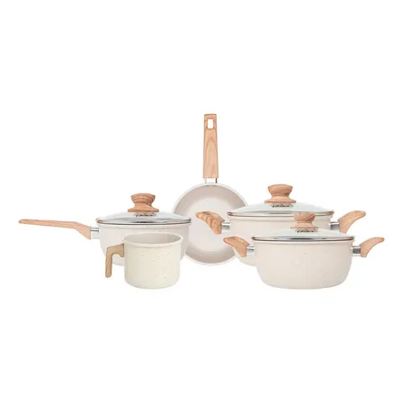 Jogo de Panelas Oster Marble Edition com Revestimento Cerâmico e Indução – Kit de 5 Peças Creme