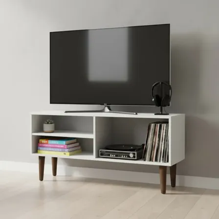 Rack Prateleira Bancada Sala Tv Pé Retro 90cm Aparador Apoio Tv Até 50 Polegadas Pequeno Sala Quarto Canto Compacto... Branco