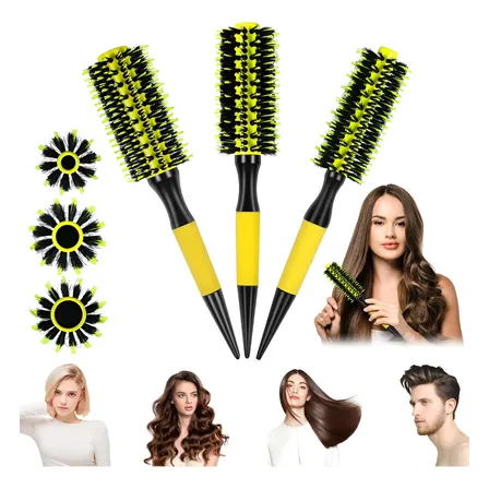 Kit 3 Escovas Profissionais De Cabelo Com Cerdas Naturais Amarelo