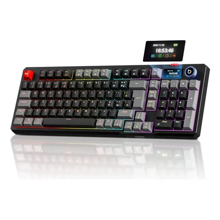 Teclado Mecânico Sem Fio Com Tela, Tri-Mode Bt5.0/2.4 G/Usb-C, Rgb Teclado Gamer Com Personalizável E Anti Ghosting, Teclado Switch Vermelho Wireless Para Jogos/Pc/Mac/Linux