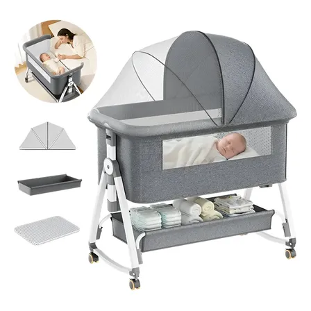 Berço Moisés Acoplável Co-sleeper Com Mosquiteiro E Cesto Liso Cinza