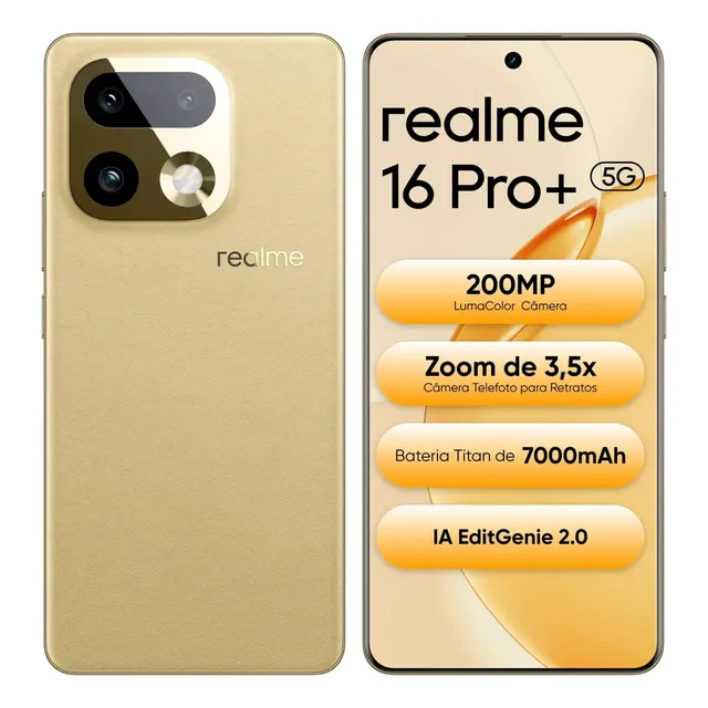 Smartphone Celular Realme 16 Pro+ 512gb 12gb Ram (+ 14 Virtual Ram Boost) 5g Dual Sim, Câmera Lumacolor 200 Mp, Snapdragon 7 Gen4 Rocket, 7000mah, 80w, Ip69 Pro 144hz, Video 4k Fullfocal Hdr Dourado