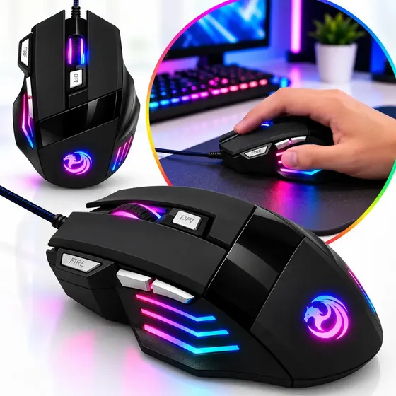 Mouse Gamer RGB USB Com Fio 3200 DPI Ajustável 7 Botões Fire Button LED 7 Cores Para PC Ergonômico