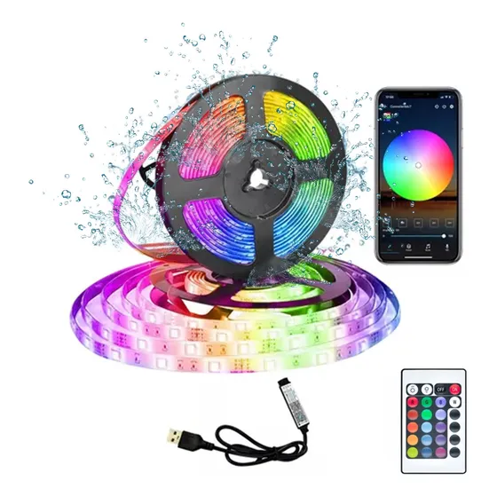 Fita Led Rgb 5050 16 Milhões De Cores Controle Via Bluetooth E App, Controle Infravermelho Ip65 5 Metros Dc5v
