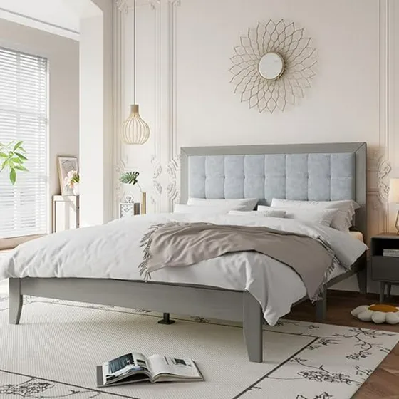 Cama King Moderna Tapizada Con Cabecera, Gris, Fácil Montaje