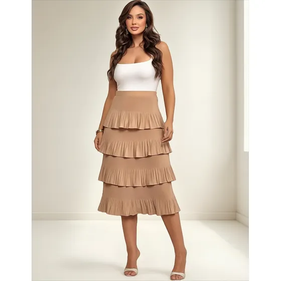 Saia Midi Plissada Babados 4 Camadas Liquidação Sale 40% Off