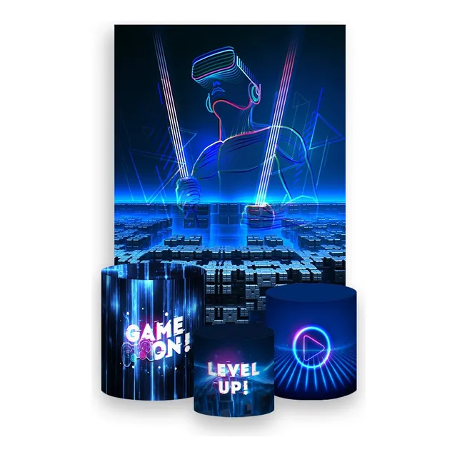 Painel Festa 1,5x2,2+ Trio De Capas- Video Game Level Up 15