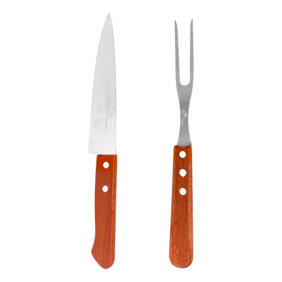 Jogo Churrasco Garfo Faca Inox Resistente Para Carne Madeira