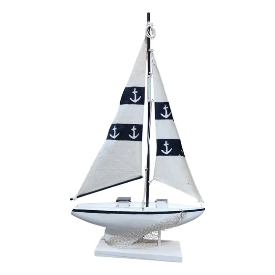 Velero Madera Con Base , En  Blanco Y Azul  50 X 30 Cm