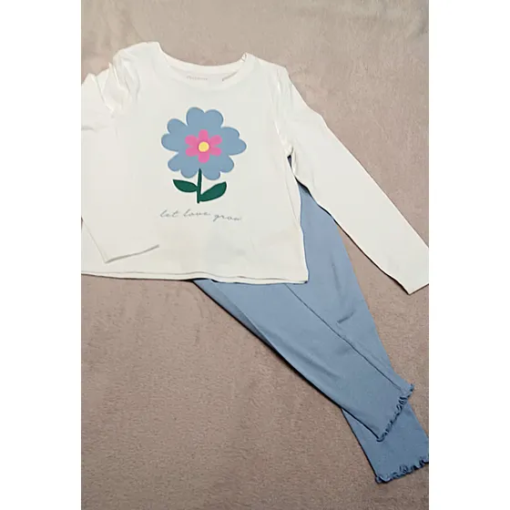 Conjunto Franela Blanca C/ Flor Leggin Azul Talla 7 -8 Años