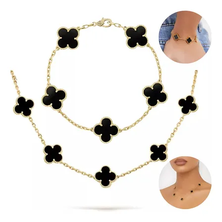 Kit Colar Pulseira Trevo Virgínia Aço Banho Ouro 18k Dourado Dourado E Preto