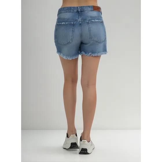 Short Jeans Rigido Bigotes Tiro Alto Deflecado Mujer