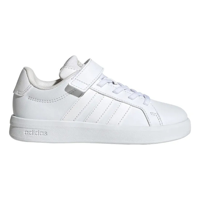 Tênis infantil adidas Grand Court 3.0 na cor branca, com fechamento por tira de velcro e cadarços elásticos, visto de perfil lateral.