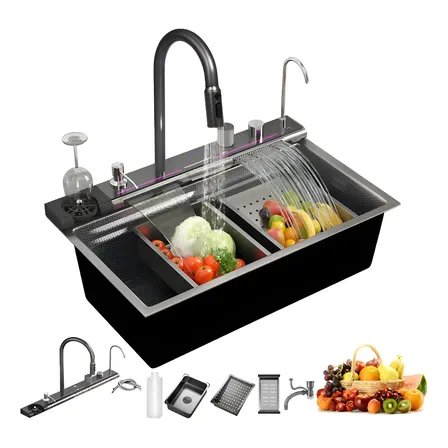 Pia Gourmet Inteligente Primeware 75x45 Cm Preta, De Aço Inoxidável Com Acessórios E Torneira Preto