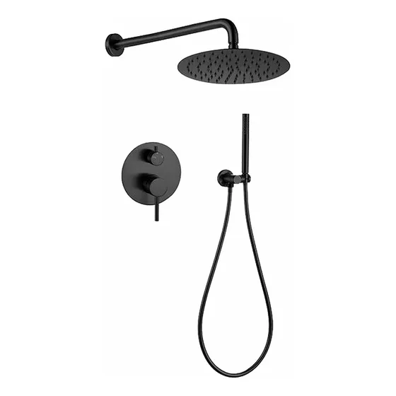 Regadera De Baño Redonda Con Sistema Interno Solana Modelo Nilo Negra / Salida De Agua Superior Modo Lluvia Y Regadera De Mano / Sistema Monomando