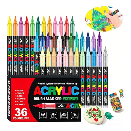 Kit36 Canetas Marcadores Tinta Ponta Pincel Acrílica Escolar 36 Cores