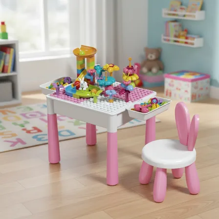 Mesa E Cadeira Atividades Infantil Blocos De Montar 2 Em 1 Rosa