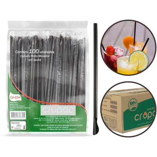 Caixa Canudo Colher Mexedor Para Caipirinha 5,8mm 1.200 Und Cor Preto