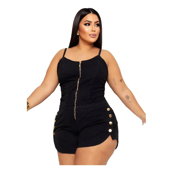 Macaquinho Plus Size Jeans Feminino Curto Com Botões E Lycra