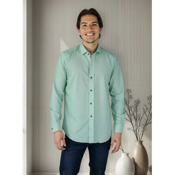 Camisa Cuello Inglés Verde Algodón Polypima Hombre