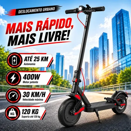 Patinete Elétrico Dobrável 400W 30km/h Suporta 120kg Pneu 8,5 Pol Bluetooth Port
