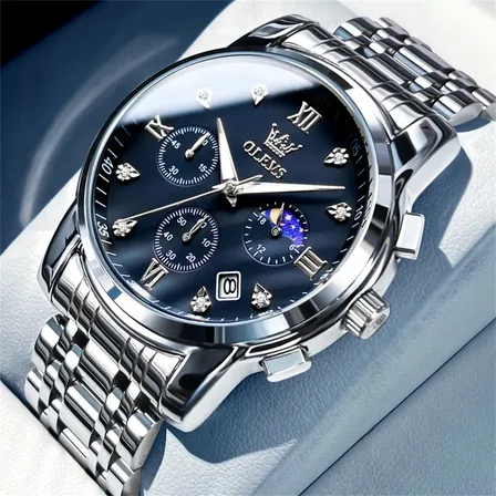 Olevs Relógio Masculino Original Prata Aço Quartzo 2858 Prateado Preto