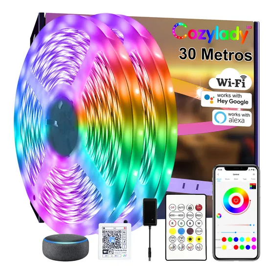 Cozylady Tiras De Luces Led Rgb Wifi 30m Alexa App Control Para Cuarto,TV,Bar,Habitación Gaming,Fiesta, Decoración De Interior,Fuente de ambiente de iluminación