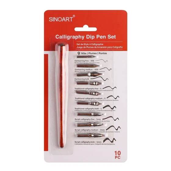 Kit de caligrafía Sinoart con mango y plumas, 10 piezas, color de tinta Sft0239, color exterior opcional, color madera