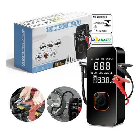 Compressor de Ar Digital para Pneus com Auxiliar de Partida, Power Bank e Lanterna LED