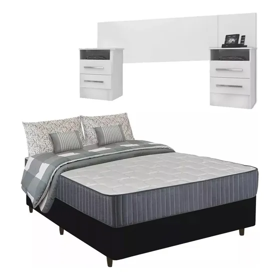 Sommier colchón 2 Plazas mas 2 mesa de luz mas respaldo regalo color blanco