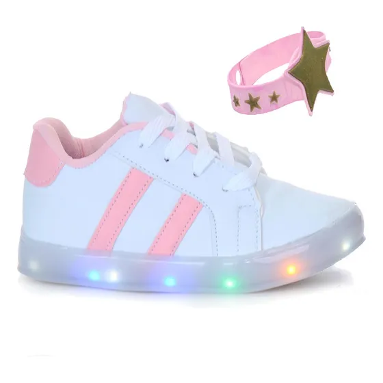 Calçado Com Luz Led De Menina Criança Pulseira Rosa Estrela