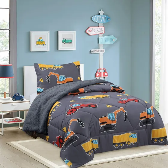 Plumón Estampado Infantil Tractores Deluxe Sherpa Gris Oscuro Tractores