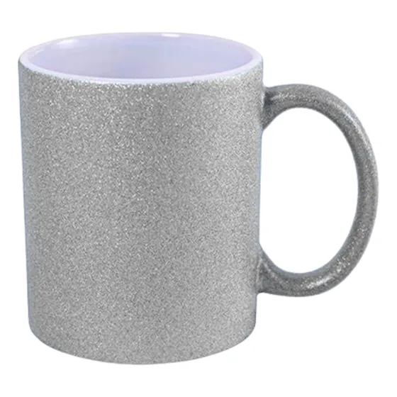 Taza Sublimable Glitter 325ml Cerámica Con Asa Plateada