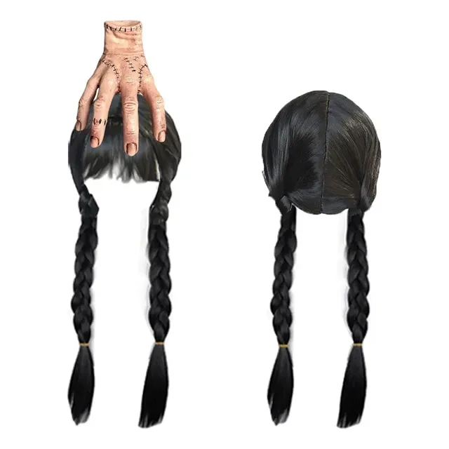 Peluca Set De Merlina Adams Con Dedos Halloween 