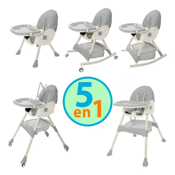 Silla alta periquera bebe Kiddos mecedora con llantas 5 en 1 ajustable y plegable asiento piel bandeja extraíble segura color gris