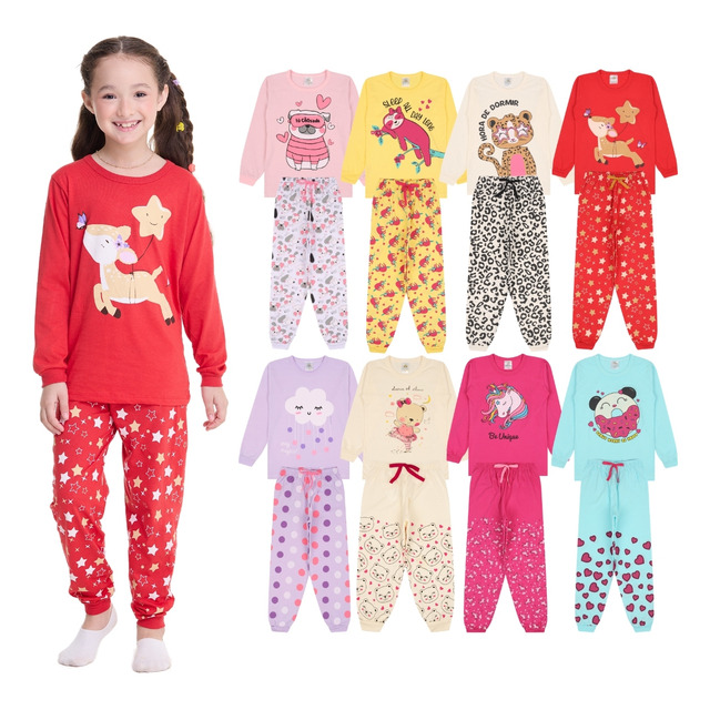 Kit 2 Pijama Infantil Menina Manga Longa Roupa Bebe Algodão Kit 2 Pijama Infantil Menina Manga Longa Roupa Bebe Algodão