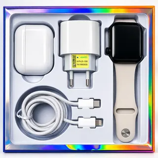 Kit Smartwatch Com Fone Bluetooth E Carregador 20w Inova Preto Detalhes Geometricos Branco