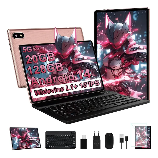 Tablet UJJ-U6 10" Android 14 20GB RAM 128GB ROM Tf Expansión Max 1TB Tablets Octa-Core 5MP+8MP Bluetooth 5 6000mAh 2.4G＆5G WiFi ChatGPT Tableta Gms Widevine L1 Pantalla Hd Ips Rosa