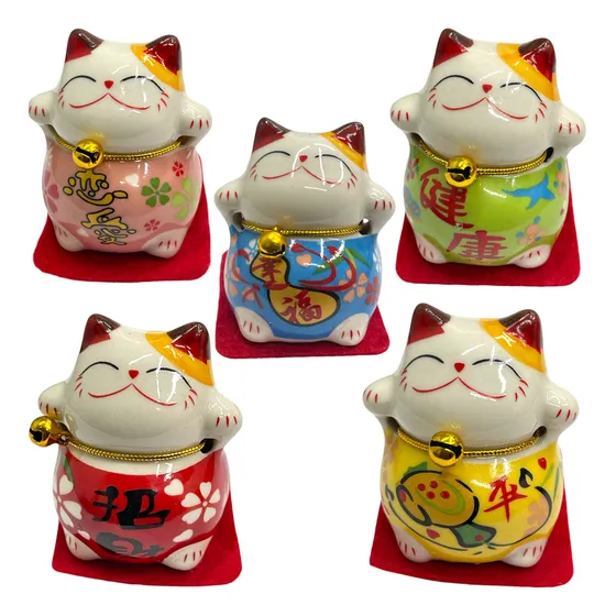 Kit 5 Daruma Gato Neko Boneco Oriental Enfeite Amuleto Sorte