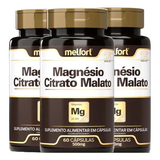 Kit 3 x Frascos Citrato De Magnésio 500mg 180 Cápsulas Sem Sabor