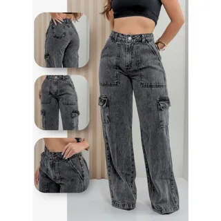 Cargo Calça Jeans Feminina Cargo Pantalona Wide Leg Cintura Alta