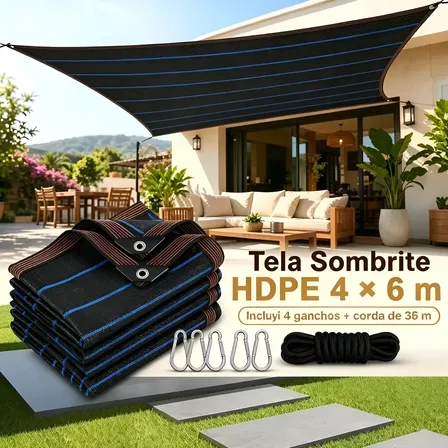 Tela Sombrite 90% Garagem Cobertura Piscina 4x6m Acabamento Preto Trança