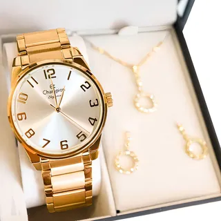 Kit Relógio Feminino Champion Original Dourado Analógico Com Colar Brincos Cor Do Fundo Champanhe Com Correia Em Aço Inoxidåvel Prova DŽagua 50 Metros Kit Relógio Feminino Champion Original Dourado Analógico Com Colar Brincos Cor Do Fundo Champanhe Com Correia Em Aço Inoxidåvel Prova DŽagua 50 Metros